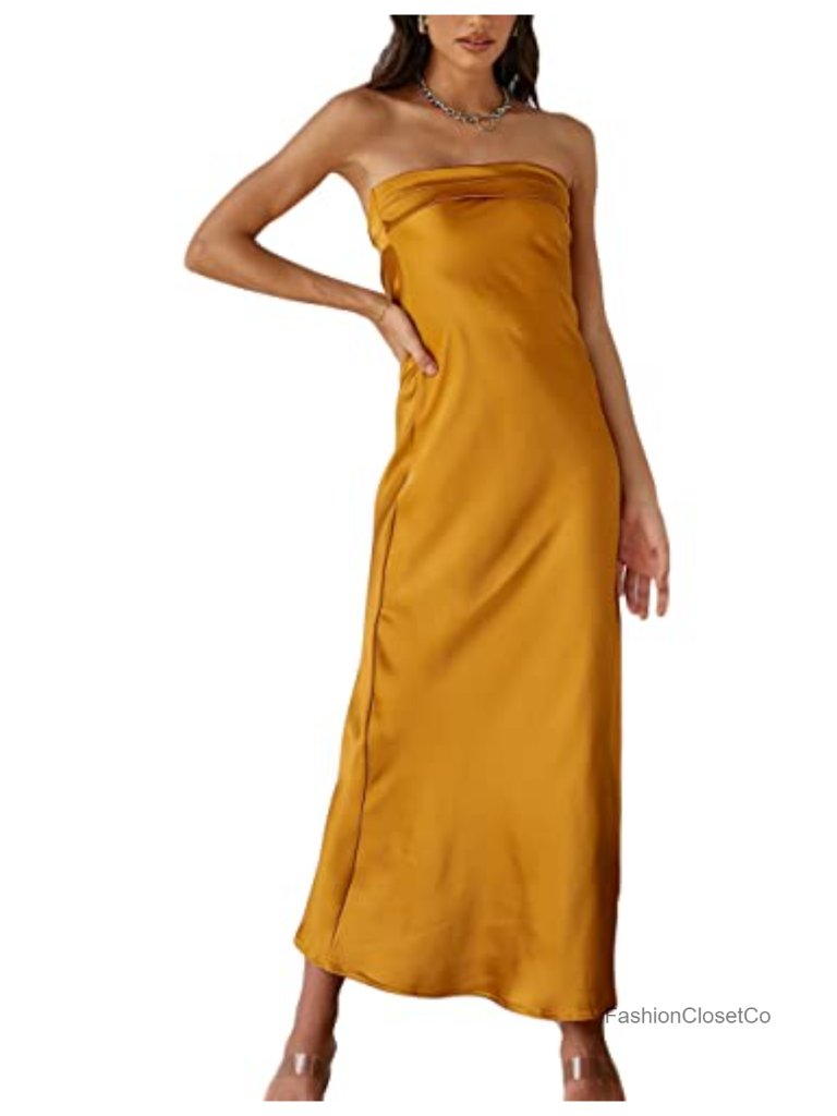 Strapless Backless Satin Maxi Dress Formal Wedding Guest